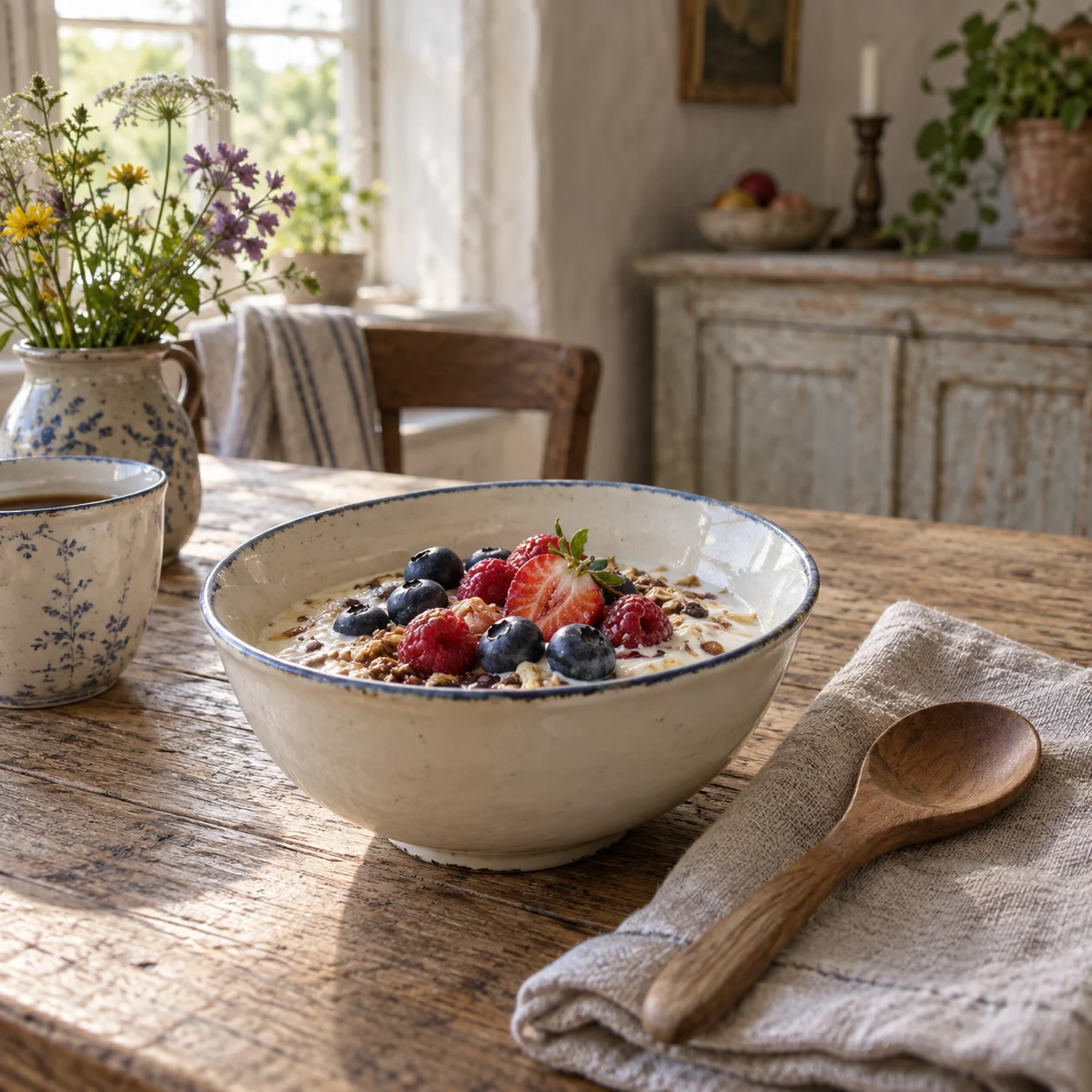 AI-genereret stemningsillustration med en skål yoghurt, havregryn og bær på et rustikt morgenbord.