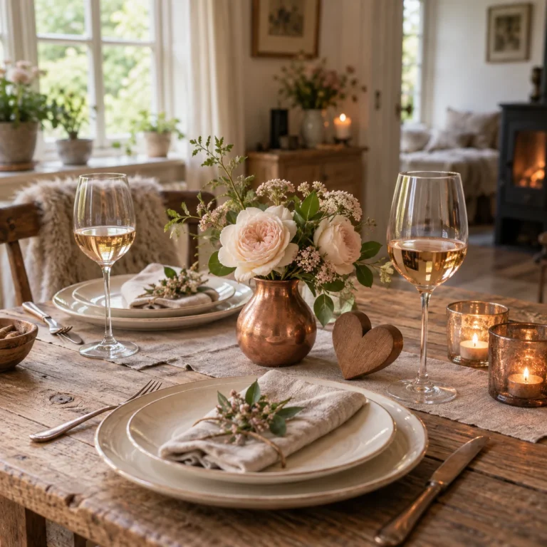 Stemningsbillede: festbord med kobbervase, roser og et lille træhjerte.