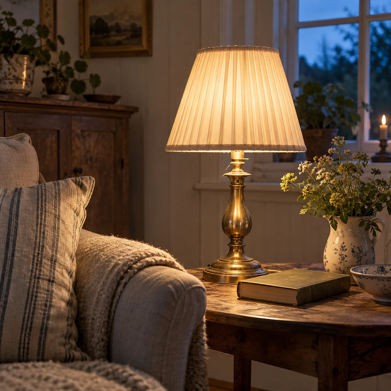 Illustreret læsekrog med en tændt bordlampe, plisseret skærm, lænestol og bog.