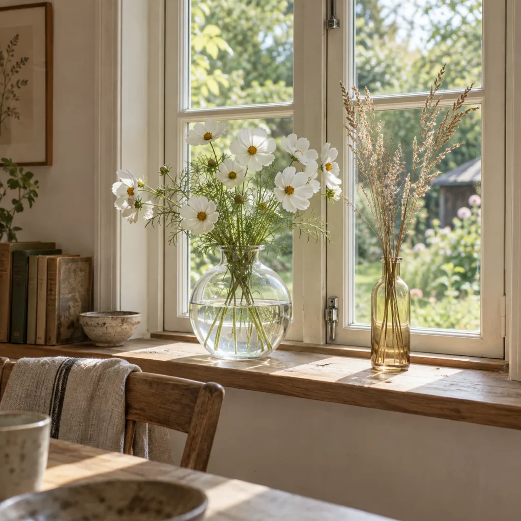 Rund klar glasvase med hvide blomster og en slank tonet vase i en lys vindueskarm.