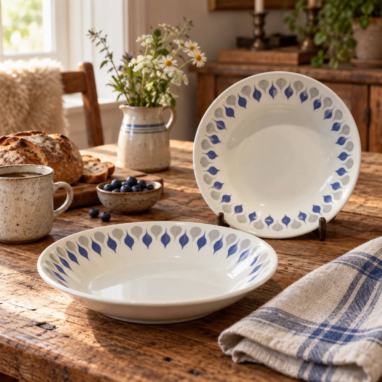 AI-illustration af blågråt dråbemønster på porcelæn ved et hyggeligt morgenbord