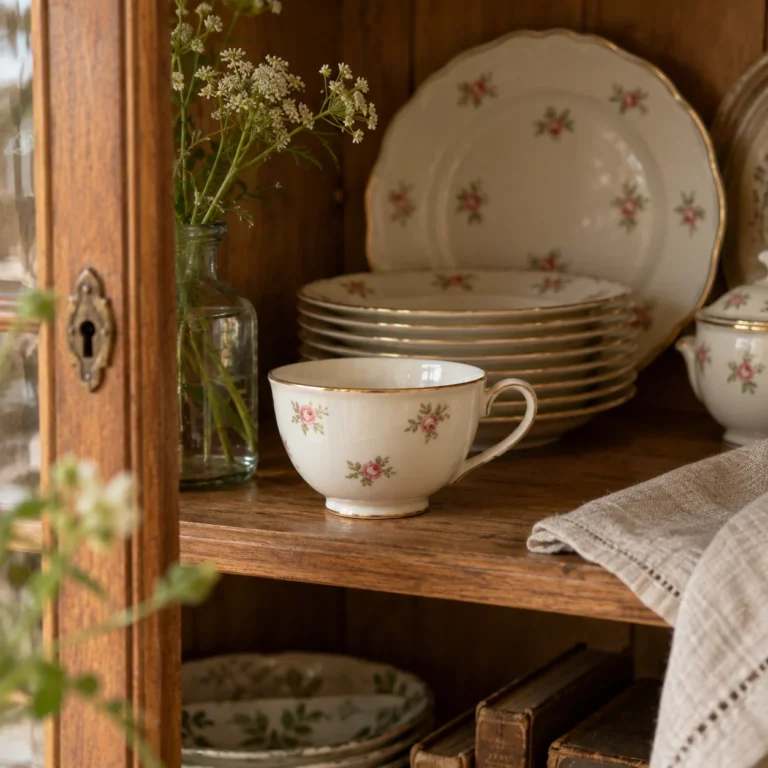 Stemningsbillede: porcelænskop og tallerkener med roser og guldkant.