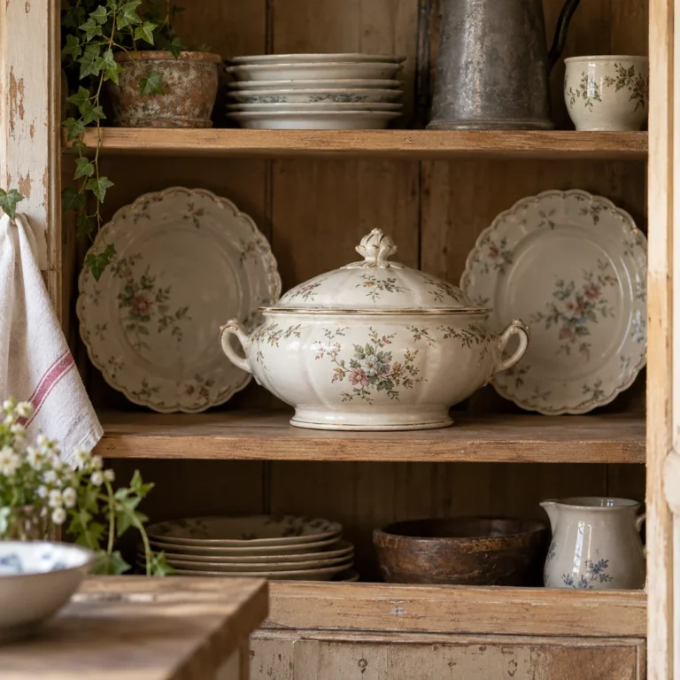 Stemningsbillede: terrine og tallerkener med fine blomsterdetaljer.