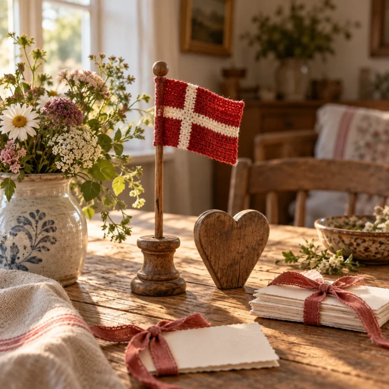 AI-genereret stemningsillustration med rødt og hvidt flag, træhjerte, bordkort og blomster på et gammelt træbord.