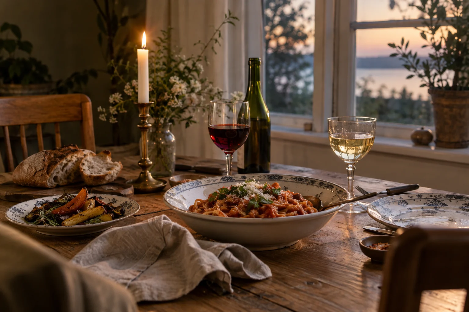 Vin i to forskellige glas ved et varmt dækket bord med pasta, grøntsager og vintageporcelæn.