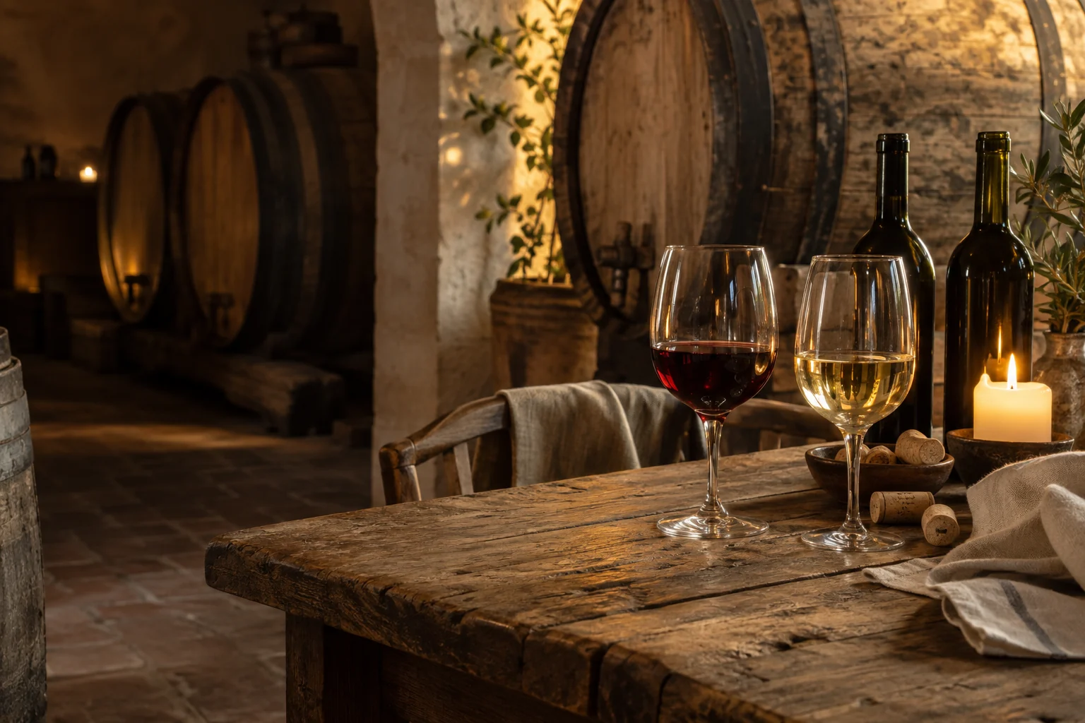 Vintønder og glas med rødvin og hvidvin på et rustikt træbord i varmt lys.