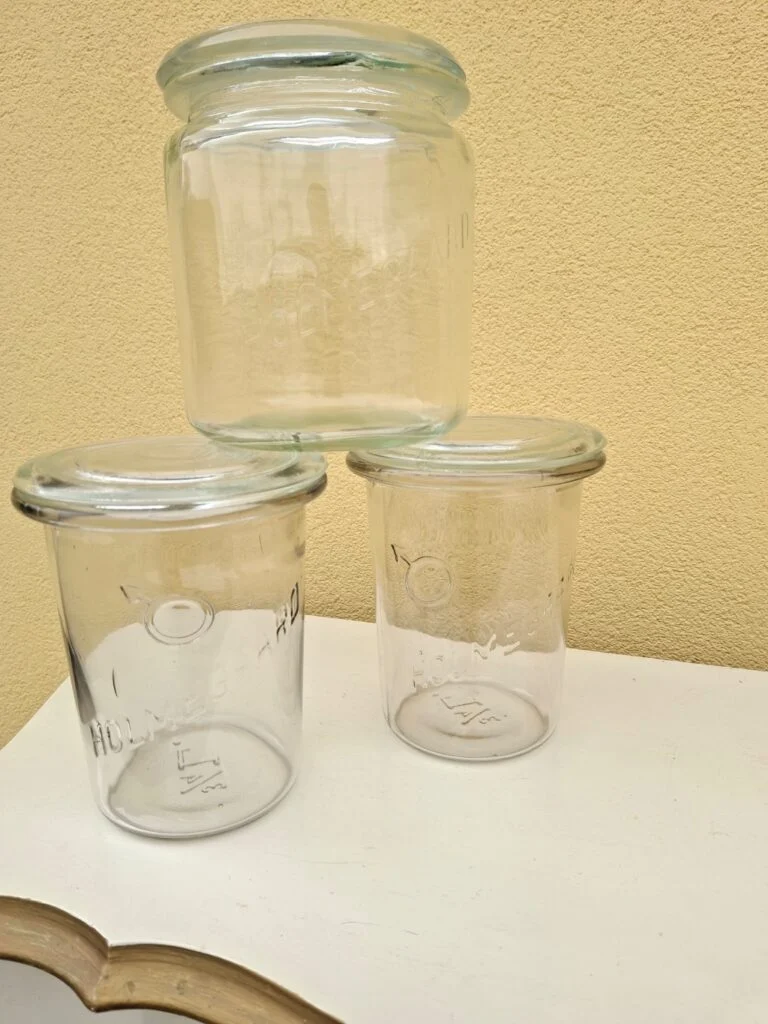 3 Holmegaard opbevaringsglas med låg – ét med skår