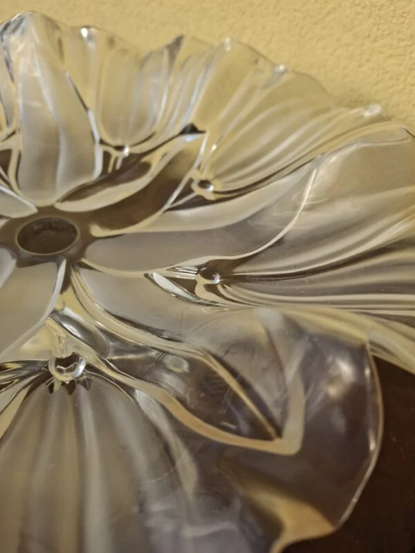 Nærbillede af glasfadets blade, blomst og bølgede kant