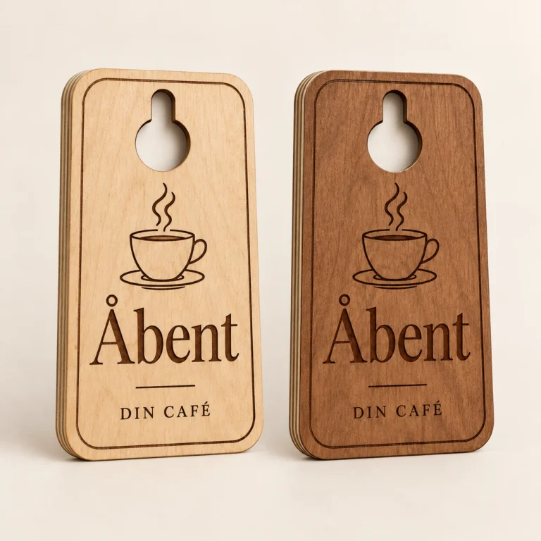 Åbent/lukket-skilt til café – Kaffekop i træ