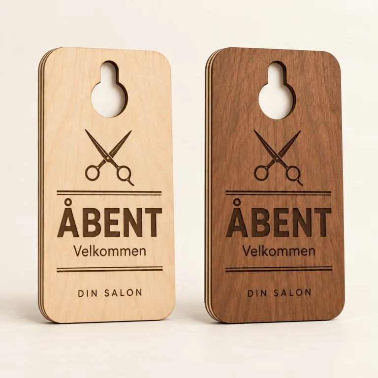 Åbent/lukket-skilt til salon – Saks i træ