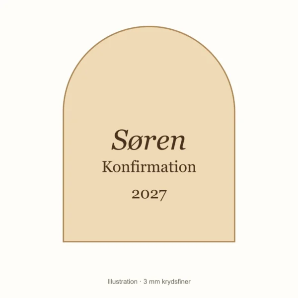 Illustration af bueformede bordkort i 3 mm krydsfiner med navn, anledning og årstal
