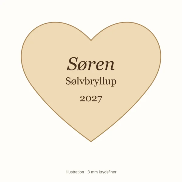 Illustration af hjerte bordkort i 3 mm krydsfiner med navn, anledning og årstal