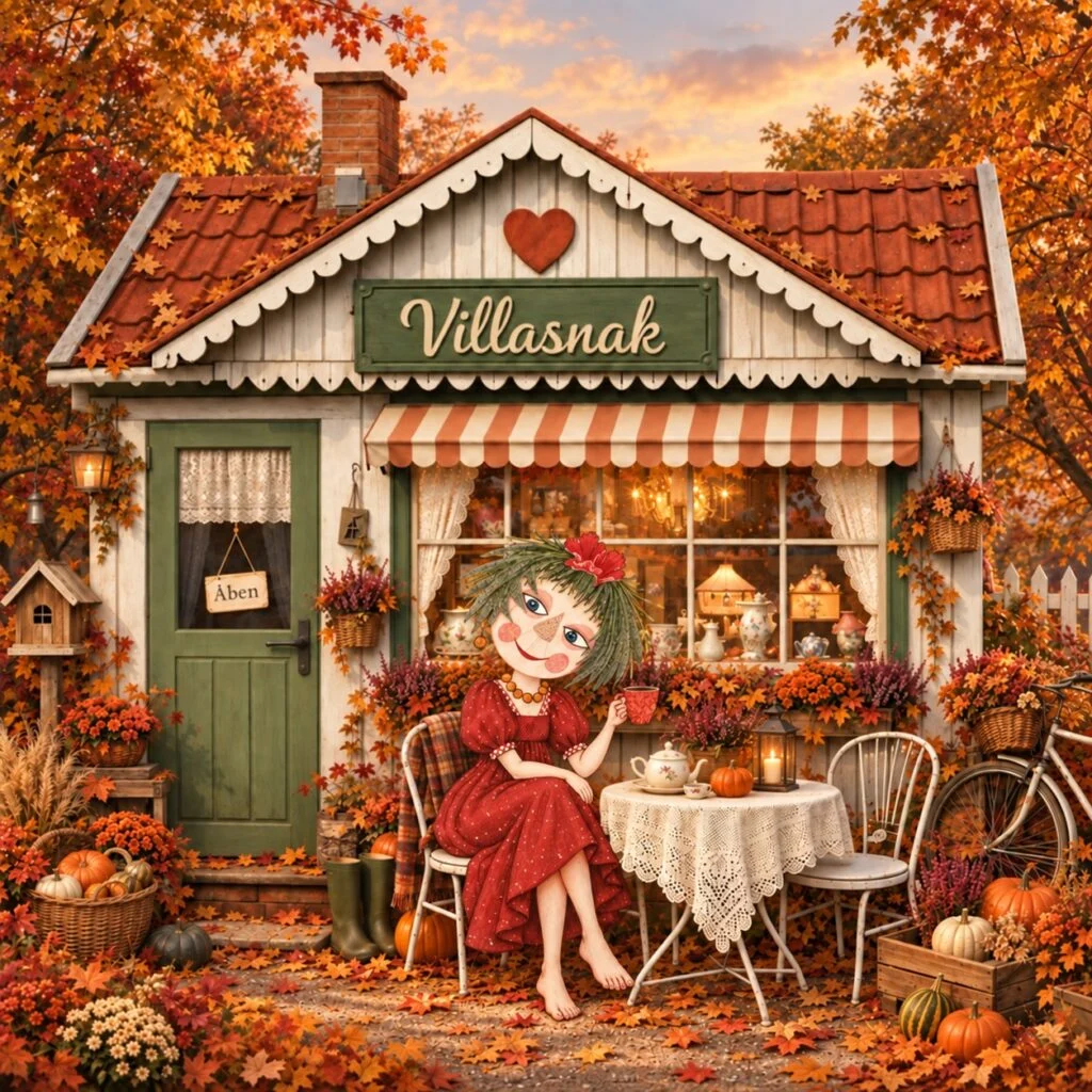 Illustration af VillaSnaks kolonihavehus med efterårsløv, græskar og en figur med kaffekop ved havebordet.